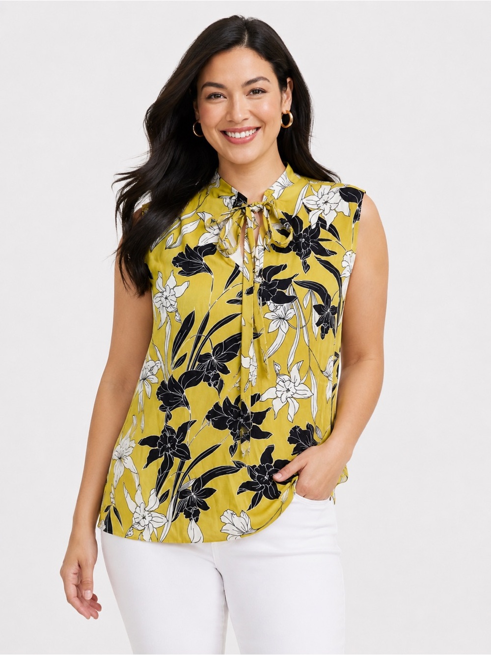 Sleeveless Tie-Neck Floral Top - Yellow Green